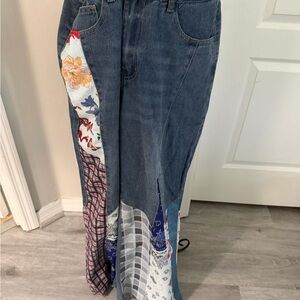 Patchwork Wide-Leg Jeans in Dark Blue